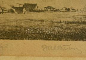Gallé Tibor (1896-1944): Mártélyi tanya világ. Rézkarc, papír, jelzett, üvegezett keretben, 16×24 cm