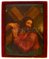 cca 1860 Jelzés nélkül: Keresztet cipelő Krisztus. Olaj, fa tábla, apró festék lepattanásokkal, 22,5×17 cm