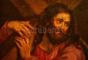 cca 1860 Jelzés nélkül: Keresztet cipelő Krisztus. Olaj, fa tábla, apró festék lepattanásokkal,  22,...