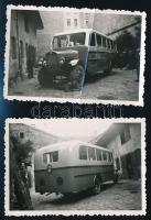 1940 Személyszállítás autóbusszal, Rákoshegy-Rákoskeresztúr-Budapest, 2 db fotó, egyik felületén törésnyommal, 6x8,5 cm