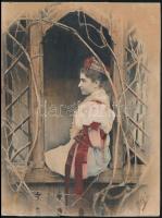 cca 1900 Lány az ablakban, kézzel színezett fotó, 21,5x16 cm