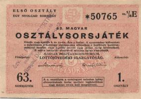 1949. "63.Magyar Osztálysorsjáték" lila "özv.Pap Róbertné osztálysorsjáték árusító.." bélyegzővel
