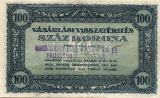 1920-as évek eleje 100K vásárlási visszatérítés lila "Makó-Rákosi Első fogy. és ért..." bélyegzővel T:II+