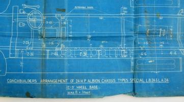 cca 1926 Albion Type 24 szállító furgon tervrajza, cianotípia, a hátoldalán pecséttel, hajtásnyomokk...