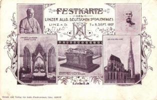 1907 Linz, Festkarte Linzer Allg. Deutschen Sodalentaged. Franz Jospeh, church interior. Art Nouveau, floral (fa)