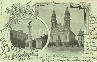 1898 Pápa, Honvéd szobor, Római katolikus templom, Református iskola, színház, floral, Art Nouveau. Gróf Esterházy Miklósnak címzett képeslap a nevelőjétől