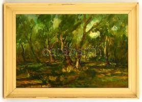 Keresztury jelzéssel: Erdőben 1985, olaj, farost, keretben, 37×56,5 cm
