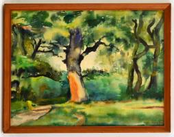 Kustos jelzéssel: Zöldellő erdő, akvarell, papír, üvegezett fa keretben, 32×42 cm