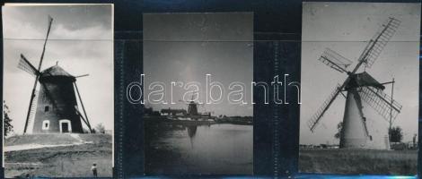 cca 1936 Szentesi szélmalmok, 5 db vintage fotó Kerny István (1879-1963) budapesti fotóművész hagyatékából, három feliratozva, egy alírva, 7,5x5,5 cm / windmills, Hungary, 5 photos