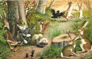 Cat hunter with rabbits, fox and squirrel. Max Künzli No. 4729. - modern postcard (fa)