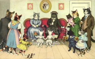Cat family at a wedding anniversary. Max Künzli No. 4737. - modern postcard (Rb)