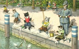 Cats fishing with gendarme cat. Max Künzli No. 4742. - modern postcard (Rb)