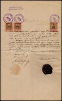 1906 Ügyvédjelölti bizonyítvány, Dr. Hochreiter Kornél ügyvéd által kiállítva, Csurgó, ügyvédi kamarai pecsétekkel, viaszpecséttel, aláírásokkal, 2 db 40 f. és 1 db 20 f. okmánybélyeggel.