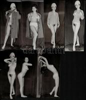 cca 1968 Nagykabátból kivillantva, 7 db szolidan erotikus vintage fotó, 16,5x5 cm és 16,5x8 cm között