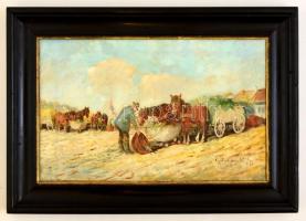 Gutaházy Németh Gyula (1892-1959): Érkezés a piacra. Olaj, vászon, jelzett, festék kopásokkal, keretben, 25×39 cm