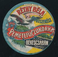 Réthy Béla gyógyszerész Békéscsabán, pemetefű cukorka címke, litográfia, Posner, d: 7 cm / Hungarian medicine box label, litho, d: 7 cm