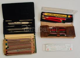 Vegyes régi írószer tétel, köztük, körző készlet, Schuler József Matyó pasztellirón készlet eredeti dobozában, ceruzák, tollak