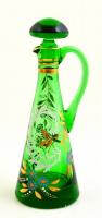 Ajka zöld ecetes üveg, kézi festéssel, jelzett, dugón kis sérüléssel, m: 22 cm