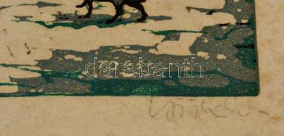 Török Endre (1926-1980): Vásár a télben. Színes linó, papír, jelzett, foltos, kis szakadással, 28×39...