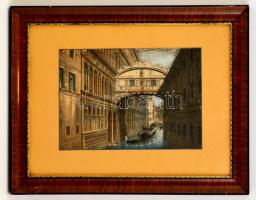 cca 1900 Akvarellel színezett Velence rézmetszet, jelzés nélkül, foltokkal, üvegezett keretben, 19×28 cm
