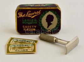 Mini női fém borotva, pengékkel, eredeti dobozában, h: 3,5 cm