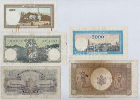 Románia 1941. 500L + 1944. 5000L + 1946. 10.000L + 100.000L + 1952. 100L kék sorozat- és sorszám T:I...