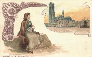 Mechelen, Malines; Les Dentelles, La Grand Place / square. Art Nouveau, floral, lady, litho