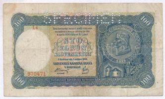 Szlovákia 1940. 100K "SPECIMEN" perforációval T:III Slovakia 1940. 100 Korun with "SPECIMEN" perforation C:F Krause 10.s