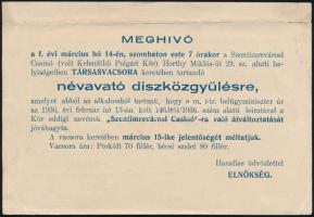 1936 Meghívó, Szentimrevárosi Casinó névavató díszközgyűlésére, 10,5x15,5 cm