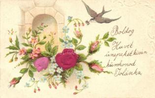 Boldog Húsvéti Ünnepeket! / Easter greeting card with flowers. Emb. silk litho