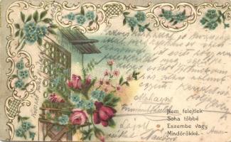 Nem felejtlek soha többé, Eszembe vagy mindörökké / Romantic greeting card. floral Art Nouveau litho (EK)