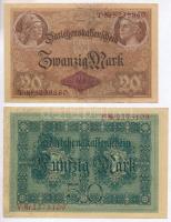 Német Birodalom 1914. 20M + 50M mindkettő 7 jegyű sorszámmal T:III German Empire 1914. 20 Mark + 50 Mark both with 7 digit serial C:F Krause 48, 49