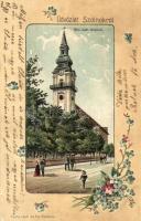 Szolnok, Római katolikus templom, utcakép. Fuchs Lipót és Fia floral Art Nouveau Emb. litho (apró szakadás / tiny tear)