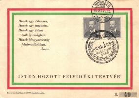 Isten hozott felvidéki testvér! Hiszekegy / Hungarian irredenta 1938 Munkács visszatért So. Stpl (EK)
