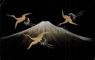 Mount Fuji with cranes. Japanese art postcard (EB)