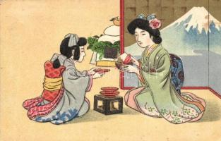 Japanese folklore, geisha, family. Emb. art postcard (EK)