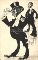 Black gentlemen. Original hand-drawn art postcard. s: Kiss Géza (EK)