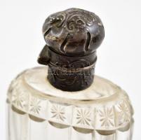 Ezüst ( Ag.) borítású szecessziós parfümös üveg, jelzett, csiszolt üveggel, kupakon horpadással, m:1...