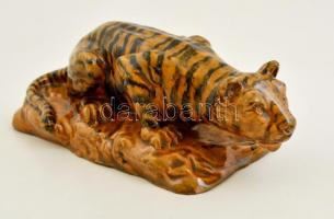 Mázas kerámia tigris, jelzett, lepattanással, 28x12 cm