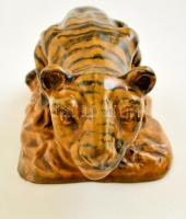 Mázas kerámia tigris, jelzett, lepattanással, 28x12 cm