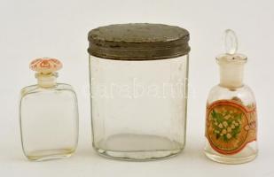 Kis üveg tétel: kis dugós üvegek, lepattanással, fém tetejű üveg doboz, m: 8, 9,5 és 10 cm
