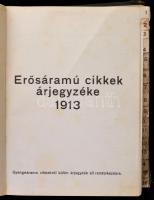 1913 Engel Károly erősáramú cikkek árjegyzéke, képekkel, sérült vászonkötésben