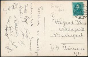 1934 A magyar foci válogatott tagjai és Bíró Sándor (1911-1988) által aláírt képeslap Tischka, Turai, Szabó Antal, Sebes Gusztáv, Dudás, Kárpáti és mások / Hungarian national football team autograph signed postcard