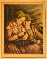 Glatz Oszkár (1862-1958): Betűvetés, színezett rézkarc, papír, jelzett, paszpartuban, 37×29 cm