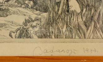 Badacsonyi Sándor (1949-2016): Vadászat, rézkarc, papír, jelzett, számozott (79/100), üvegezett fa k...