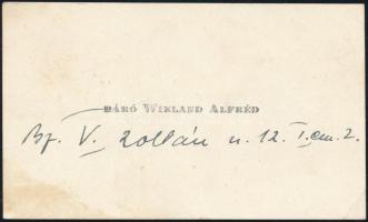 cca 1900 Báró Wieland Alfréd névjegykártyája, saját kézzel írt soraival