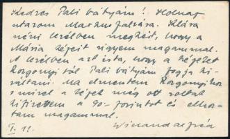 cca 1900 Báró Wieland Alfréd névjegykártyája, saját kézzel írt soraival