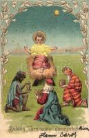 Boldog Karácsonyi Ünnepeket! / Christmas greeting art postcard. Emb. Art Nouveau, litho silk card