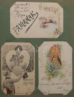 204 db motívum képeslap, döntően az 1900-as évek eljéről, csaknem mind futott, benne szecessziós, dombor, szignált, üdvözlő, virág, fotó, gyerek stb lapok / Phantasy, 204 cards from the beginning of the 20-th century with ladies, children, embossed, greeting cards in album.