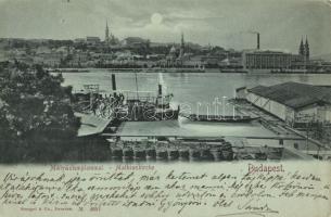 1898 Budapest I. Mátyás templom, Szilágyi Dezső téri református templom, Duna parti gőzmalom, pesti rakpart érkező gőzhajóval (EK)